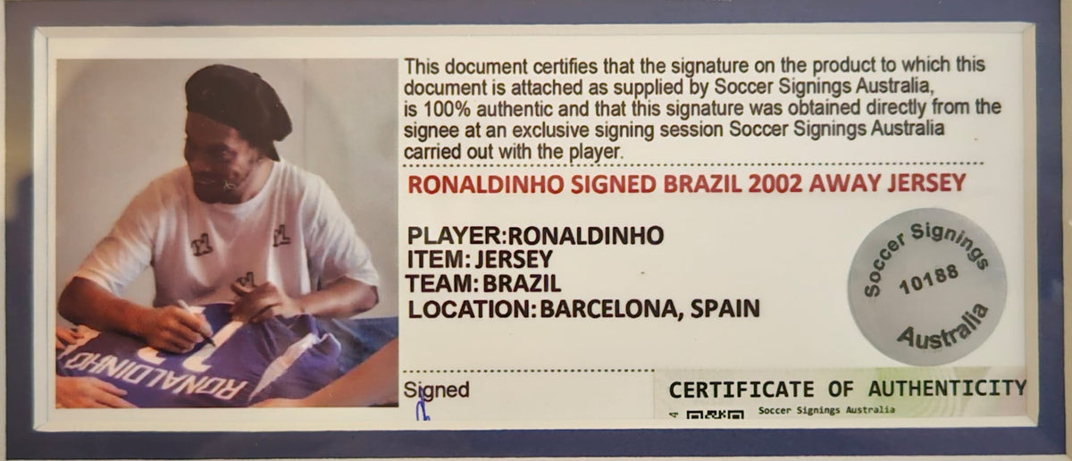 Ronaldinho Signed Brazil 2002 Away Jersey Framed (Certificate In Frame)