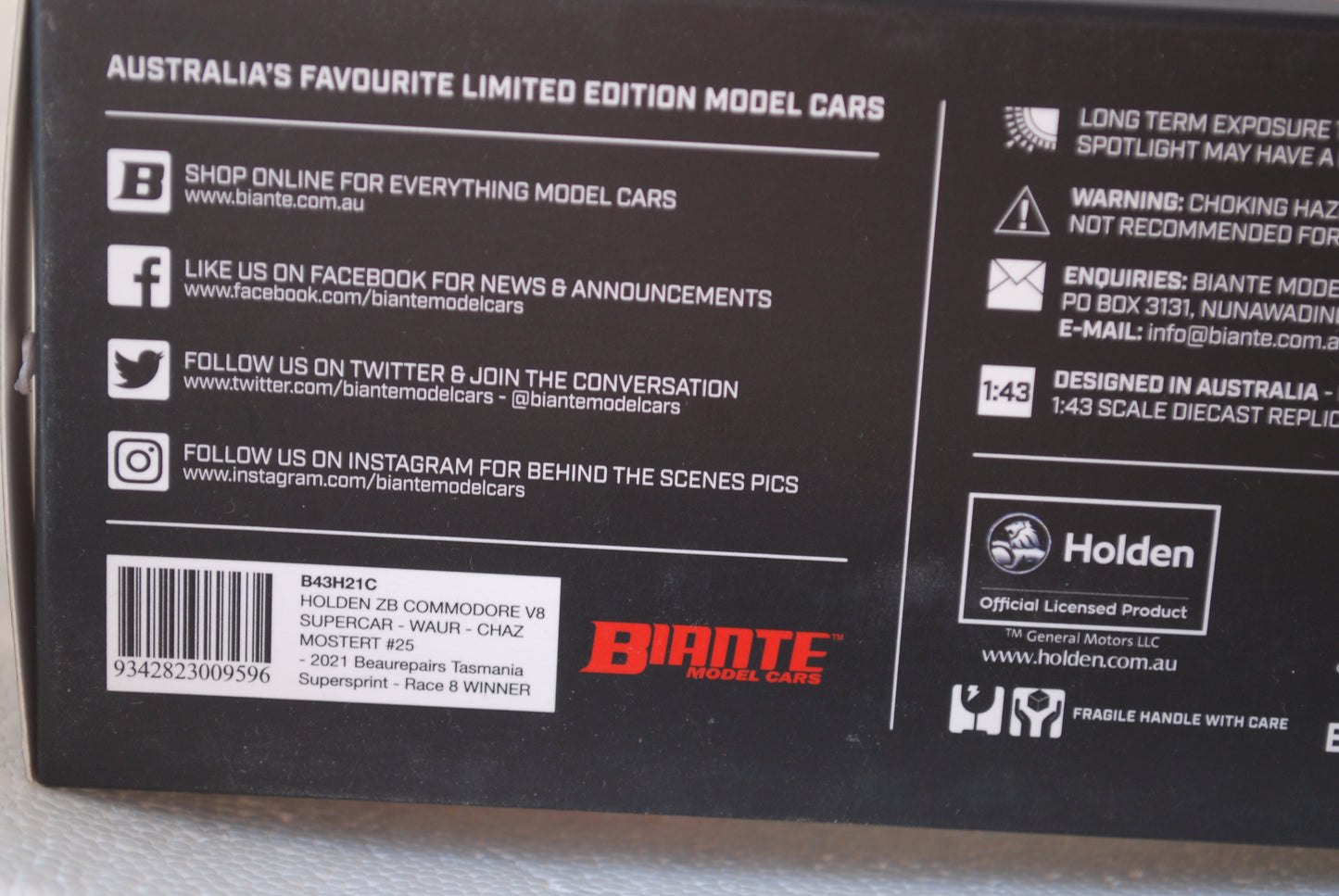 Biante 1/43 Holden ZB Commodore V8 Supercar Mostert #25 - 2021 Beaurepairs Tasmania Race 8 Winner