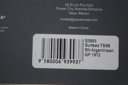 Spark 1/43 Surtees TS9B No.19 5th Argentinean GP 1972 Tim Schenken S3993