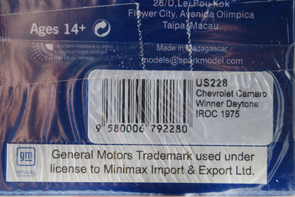 Spark 1/43 Chevrolet Camaro No.12 Winner IROC Daytona 1974-1975 Bobby Unser Limited 500 US228