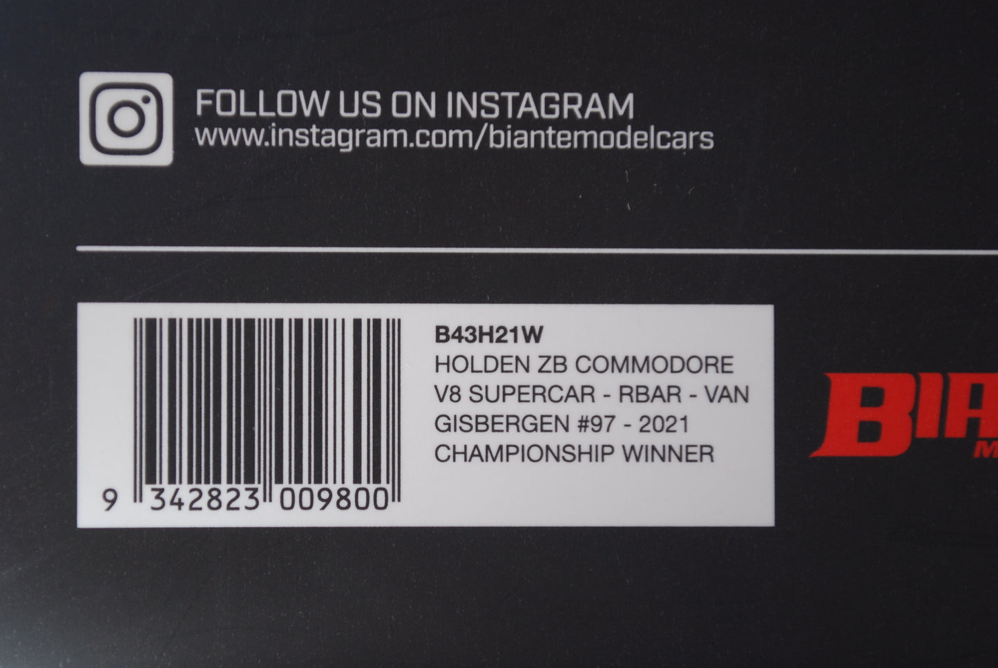 Biante 1/43 Holden ZB Commodore V8 Supercar Red Bull Van Gisbergen #97 2021 Championship winner