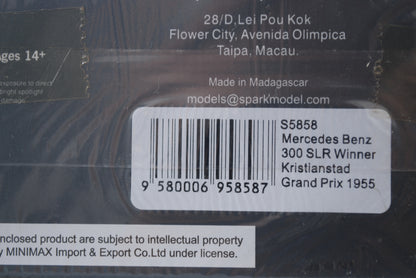 Spark 1/43 Mercedes Benz 300 SLR No.1 Winner Kristianstad Grand Prix 1955 Juan Manuel Fangio S5858