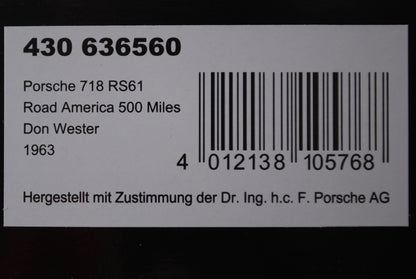 Minichamps 1/43 Porsche 718 RS61 Road America 500 Miles Don Wester 1963
