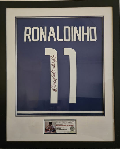 Ronaldinho Signed Brazil 2002 Away Jersey Framed (Certificate In Frame)