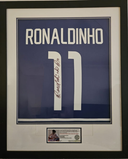 Ronaldinho Signed Brazil 2002 Away Jersey Framed (Certificate In Frame)
