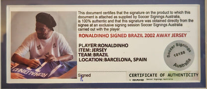 Ronaldinho Signed Brazil 2002 Away Jersey Framed (Certificate In Frame)