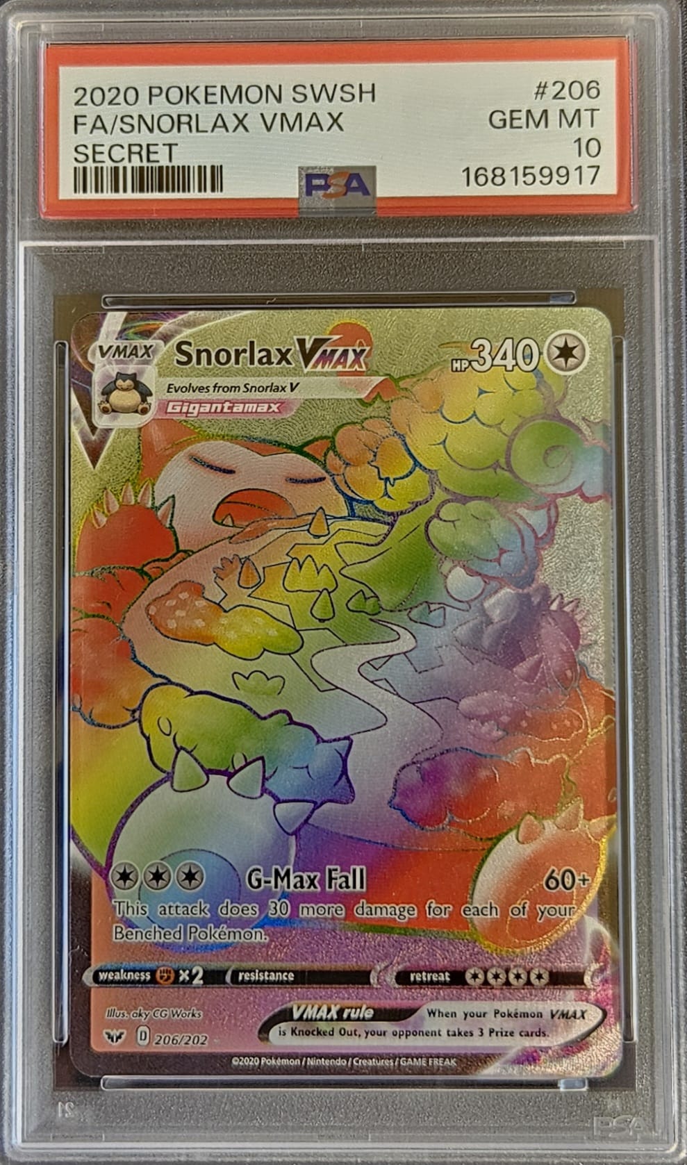 Snorlax VMAX - PSA 10 - 206/202 - Rainbow Rare - Sword & Shield (With Cardboard Guardian Bumper)