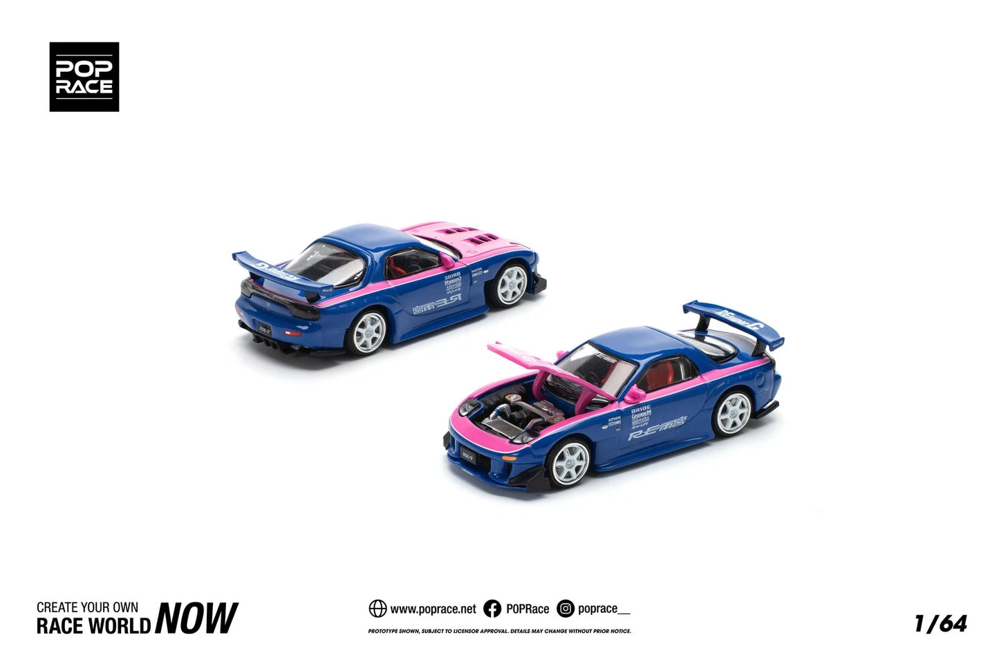 POP RACE 1/64 MAZDA RX7 RE-AMEMIYA - BLUE/PINK model car #240 Brand New
